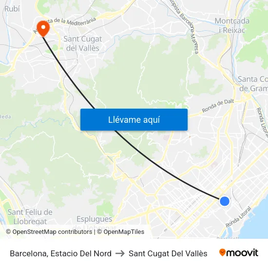 Barcelona, Estacio Del Nord to Sant Cugat Del Vallès map