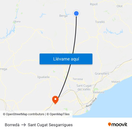 Borredà to Sant Cugat Sesgarrigues map