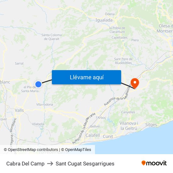 Cabra Del Camp to Sant Cugat Sesgarrigues map