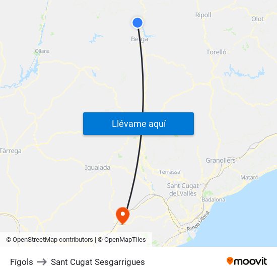 Fígols to Sant Cugat Sesgarrigues map