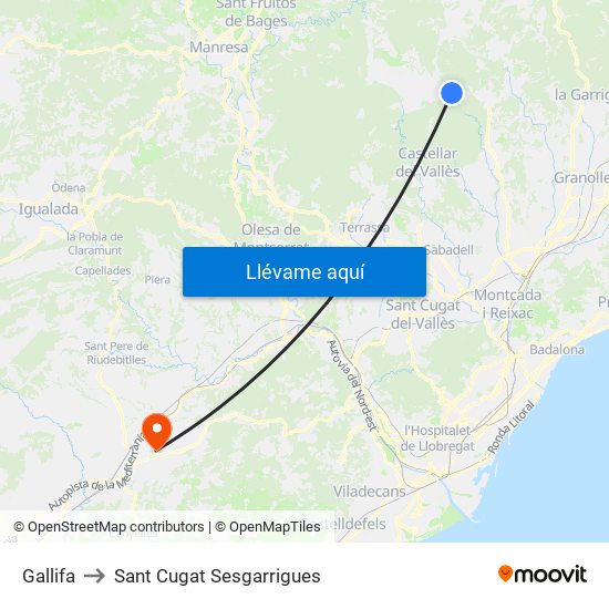 Gallifa to Sant Cugat Sesgarrigues map