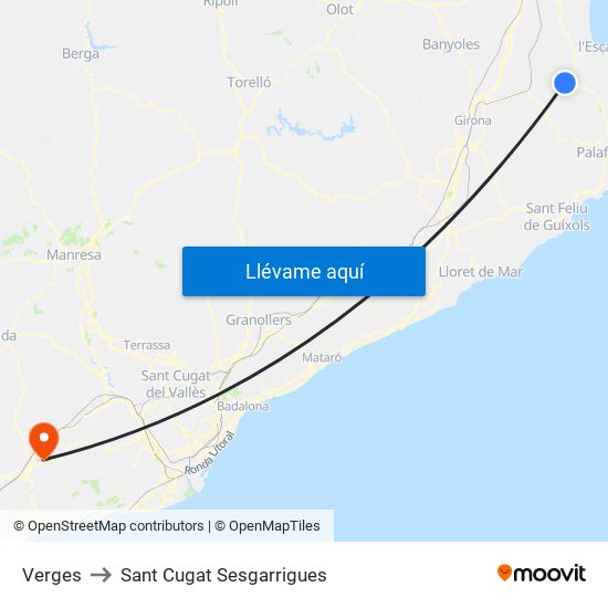Verges to Sant Cugat Sesgarrigues map