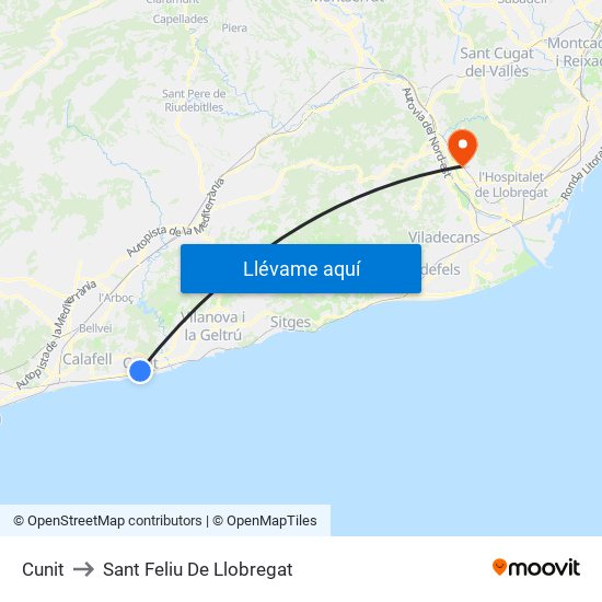 Cunit to Sant Feliu De Llobregat map