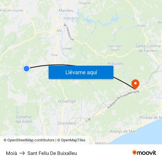 Moià to Sant Feliu De Buixalleu map
