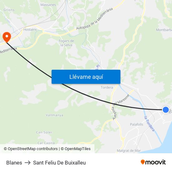 Blanes to Sant Feliu De Buixalleu map