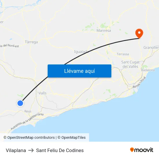 Vilaplana to Sant Feliu De Codines map