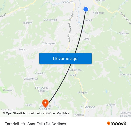 Taradell to Sant Feliu De Codines map