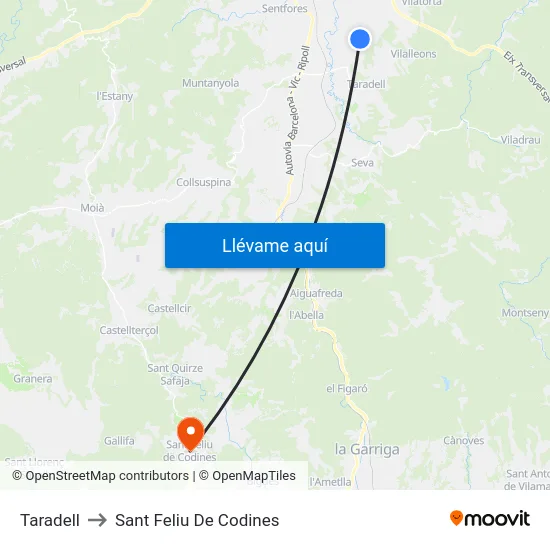 Taradell to Sant Feliu De Codines map