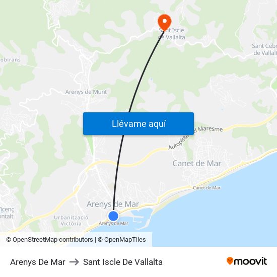Arenys De Mar to Sant Iscle De Vallalta map