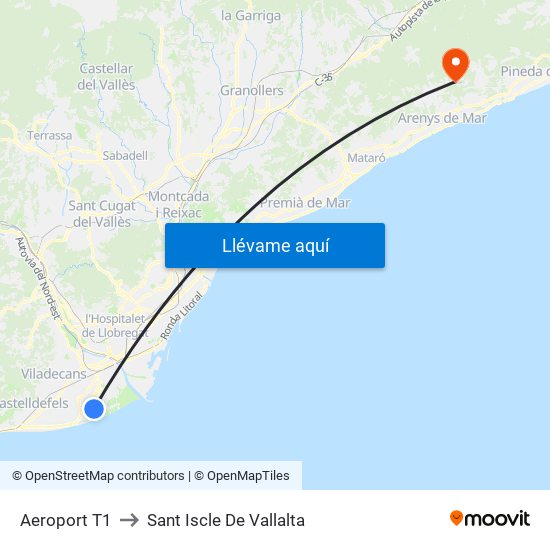 Aeroport T1 to Sant Iscle De Vallalta map
