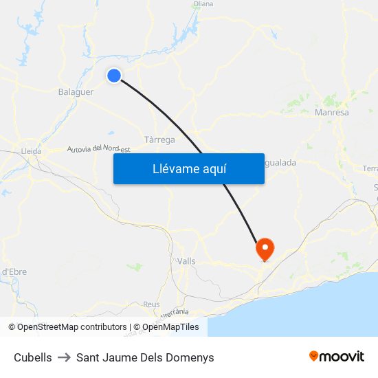 Cubells to Sant Jaume Dels Domenys map