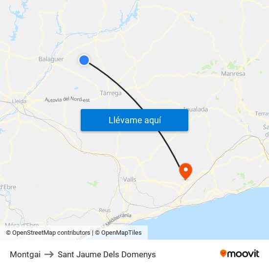 Montgai to Sant Jaume Dels Domenys map