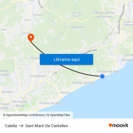 Calella to Sant Martí De Centelles map