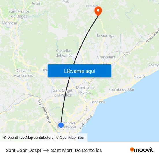 Sant Joan Despí to Sant Martí De Centelles map