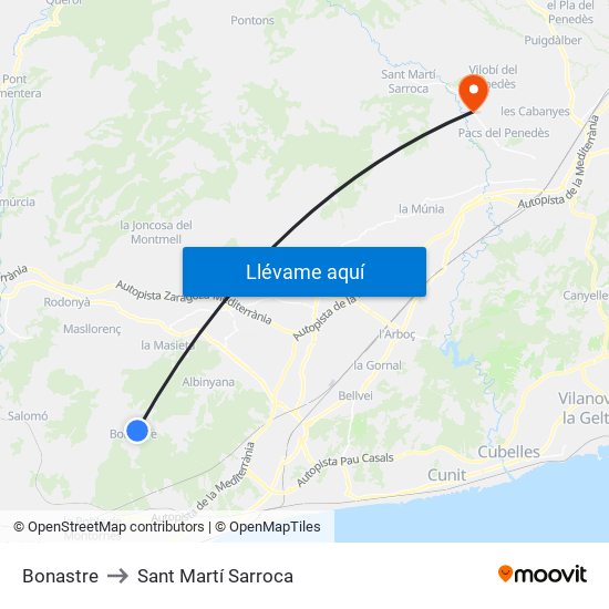 Bonastre to Sant Martí Sarroca map