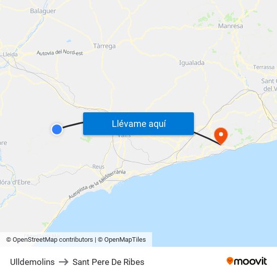 Ulldemolins to Sant Pere De Ribes map