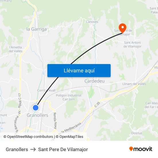 Granollers to Sant Pere De Vilamajor map
