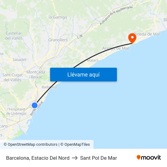 Barcelona, Estacio Del Nord to Sant Pol De Mar map