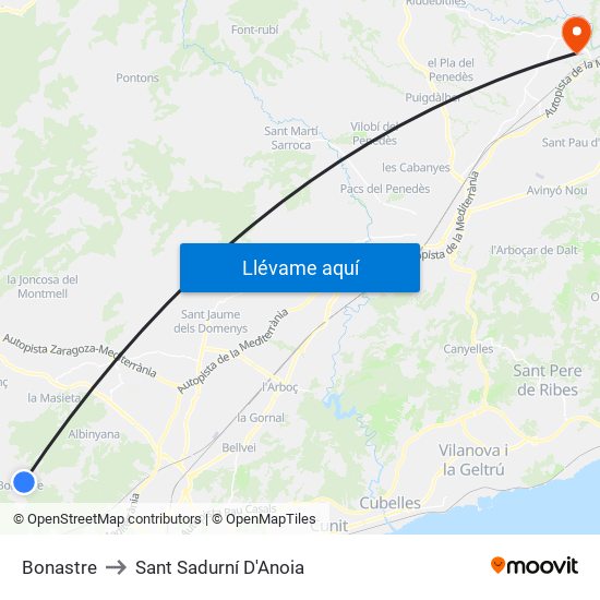 Bonastre to Sant Sadurní D'Anoia map