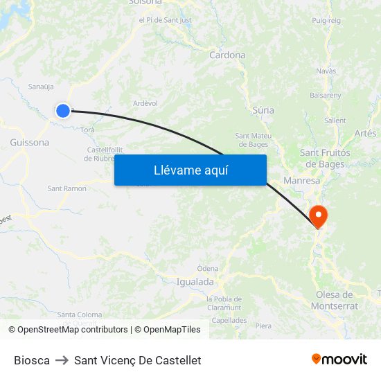 Biosca to Sant Vicenç De Castellet map