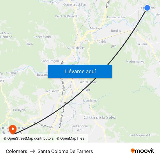 Colomers to Santa Coloma De Farners map