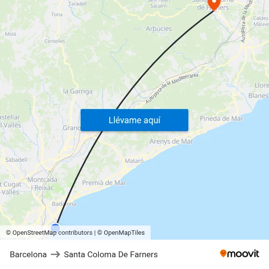 Barcelona to Santa Coloma De Farners map