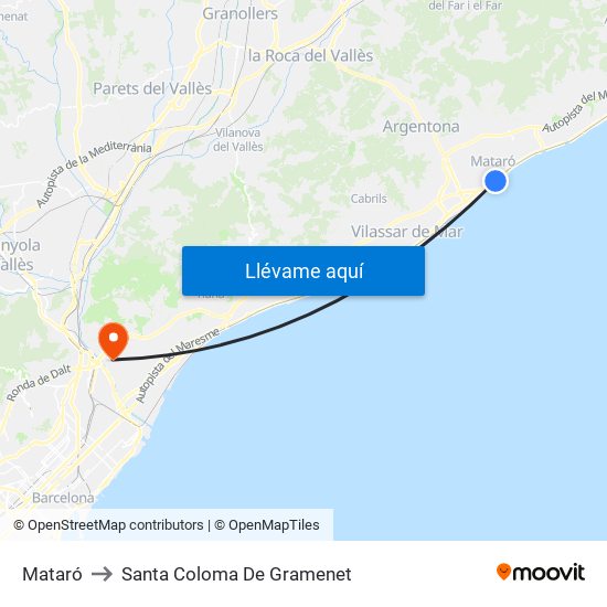 Mataró to Santa Coloma De Gramenet map