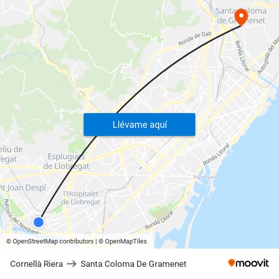 Cornellà Riera to Santa Coloma De Gramenet map