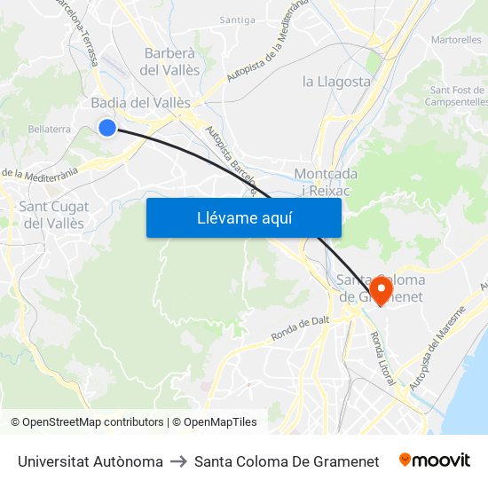 Universitat Autònoma to Santa Coloma De Gramenet map