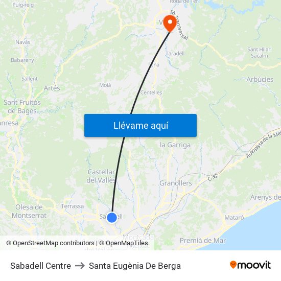 Sabadell Centre to Santa Eugènia De Berga map