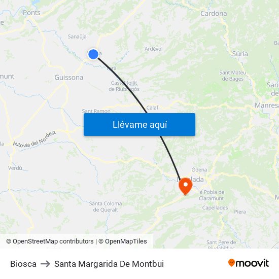 Biosca to Santa Margarida De Montbui map