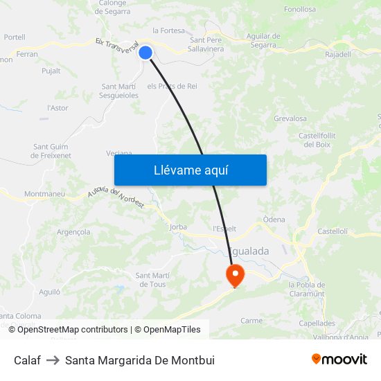Calaf to Santa Margarida De Montbui map