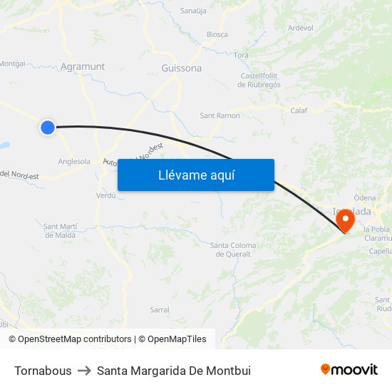 Tornabous to Santa Margarida De Montbui map