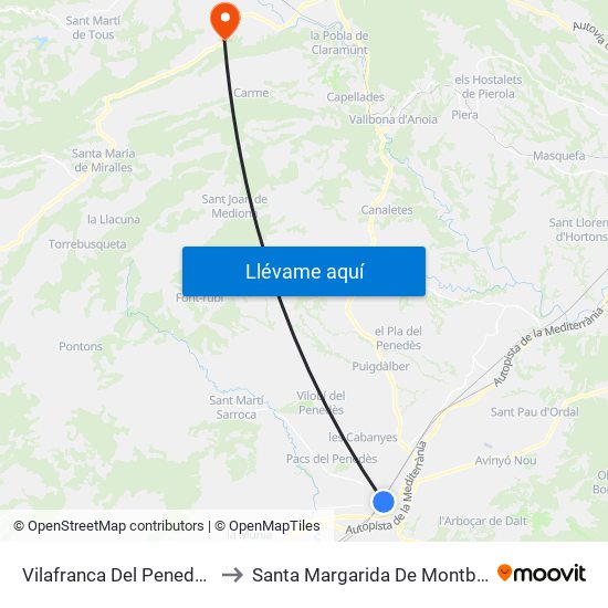 Vilafranca Del Penedès to Santa Margarida De Montbui map