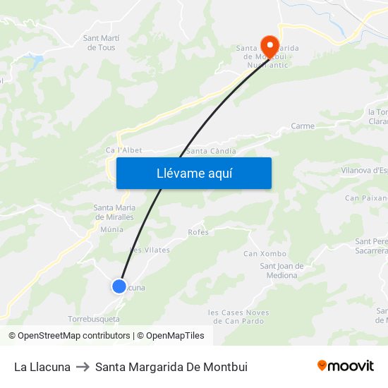 La Llacuna to Santa Margarida De Montbui map