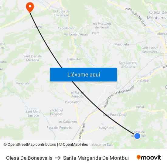 Olesa De Bonesvalls to Santa Margarida De Montbui map