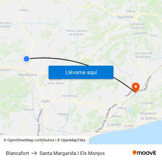 Blancafort to Santa Margarida I Els Monjos map