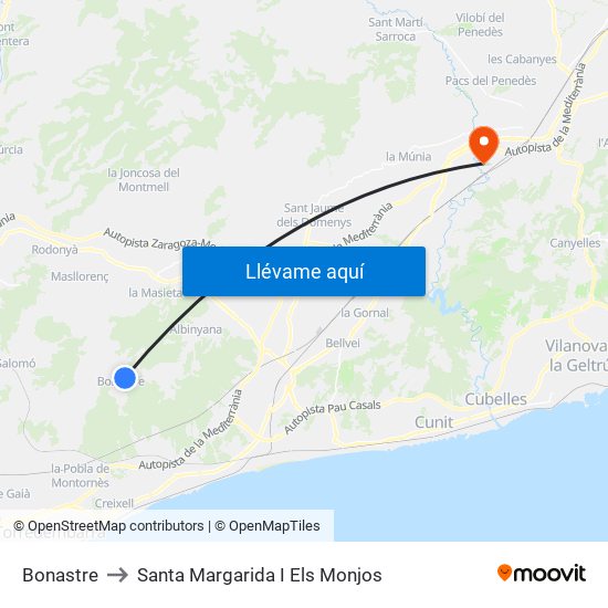 Bonastre to Santa Margarida I Els Monjos map