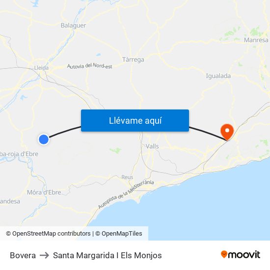 Bovera to Santa Margarida I Els Monjos map