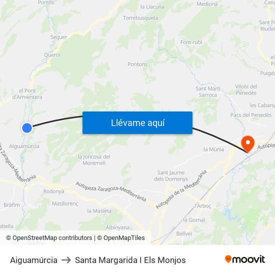 Aiguamúrcia to Santa Margarida I Els Monjos map