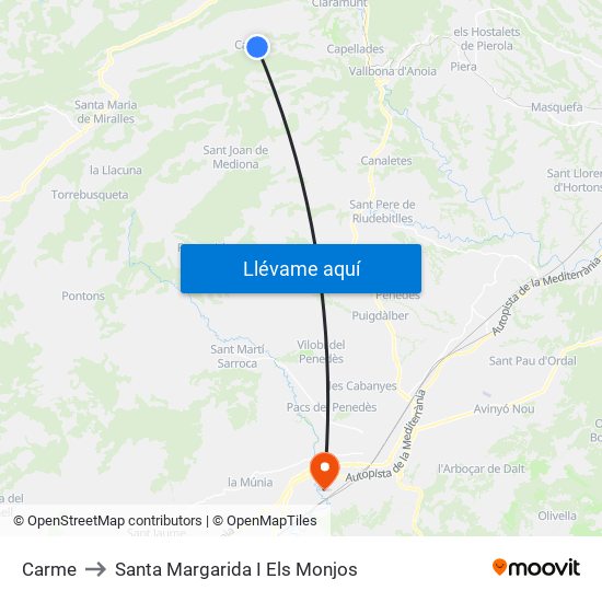 Carme to Santa Margarida I Els Monjos map