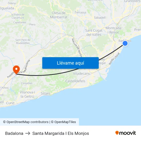 Badalona to Santa Margarida I Els Monjos map