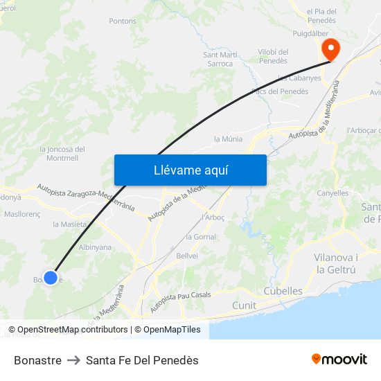 Bonastre to Santa Fe Del Penedès map