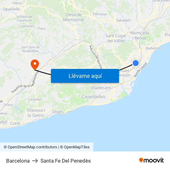 Barcelona to Santa Fe Del Penedès map