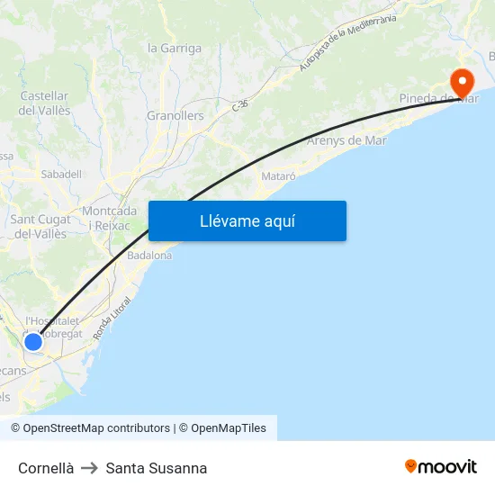 Cornellà to Santa Susanna map