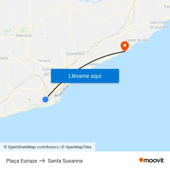 Plaça Europa to Santa Susanna map
