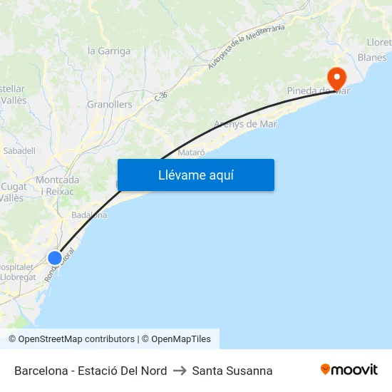 Barcelona - Estació Del Nord to Santa Susanna map