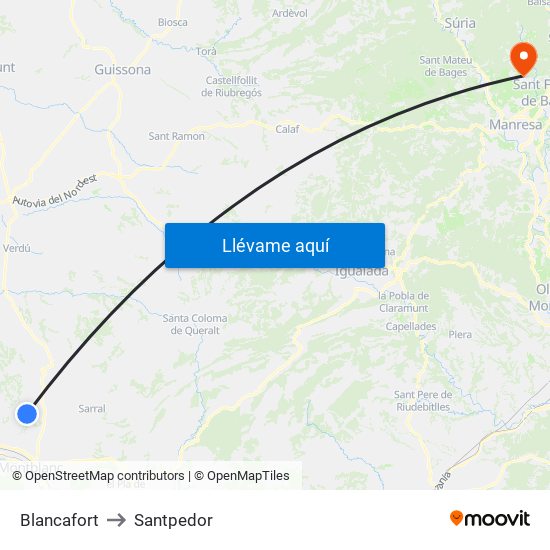 Blancafort to Santpedor map