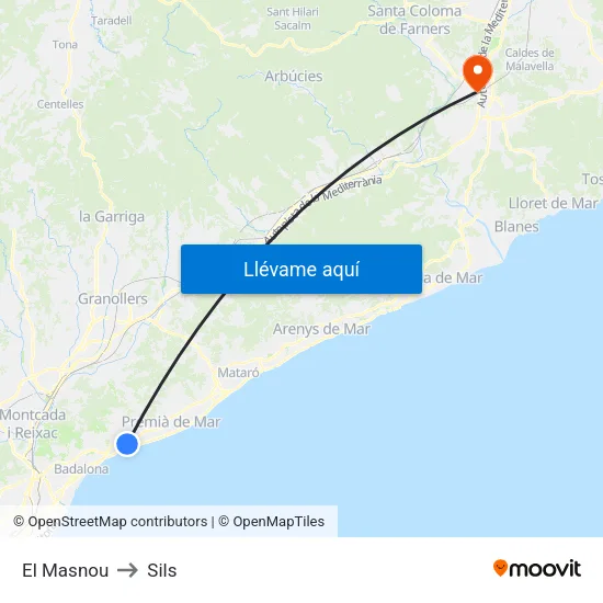 El Masnou to Sils map