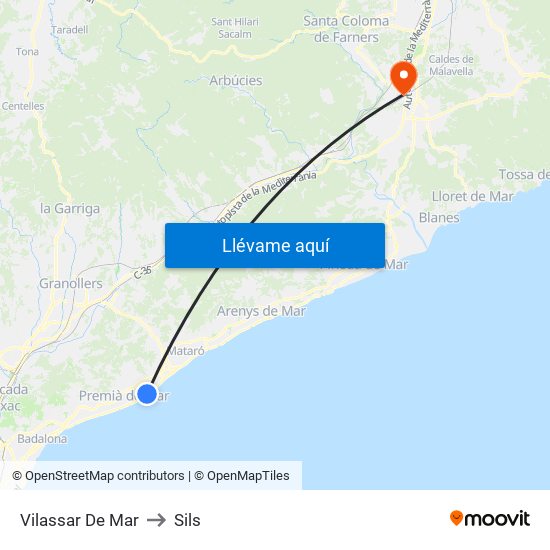 Vilassar De Mar to Sils map